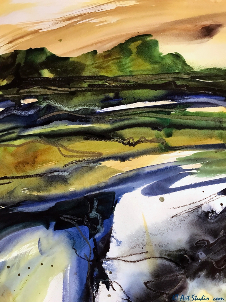 abstract landscape watercolor painting, yellow ochre, blues, greens