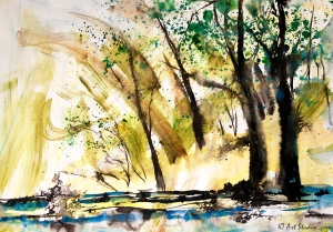 watercolor landscape painting with loose style trees and foliage over a river